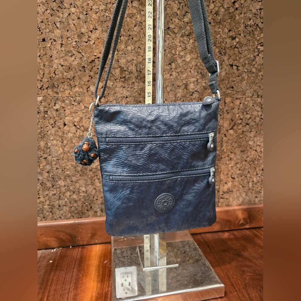 Kipling bag, Dark Navy Blue Laquer Shiny, Ape Monkey Keychain, Purse Crossbody